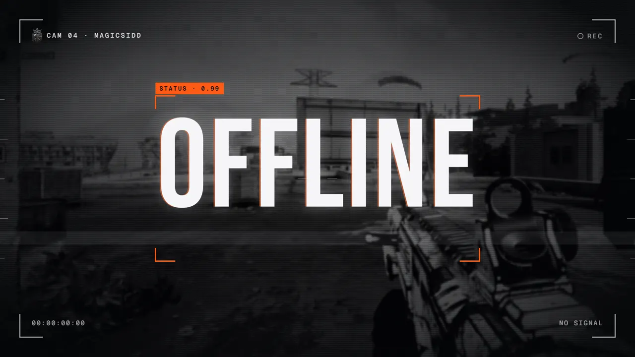 Offline-skjermen: stort «OFFLINE» i hvitt med oransje hjørnemarkører over et nedtonet Warzone-bilde, med kamera-HUD i hjørnene.