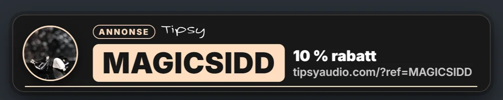 Lower third i streamen: Annonse, Tipsy, koden MAGICSIDD og 10 % rabatt.